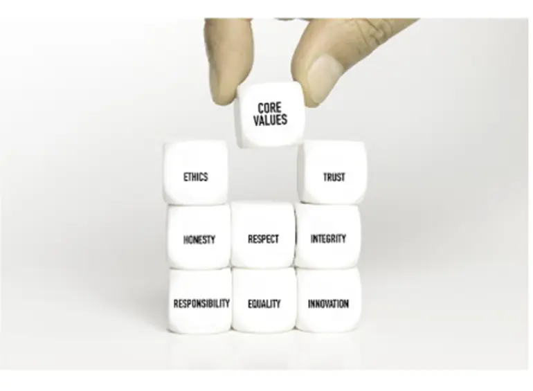 a stack of cubes with each cube containing a word. the words are core values, ethics, trust, honesty, respect, integrity, responsibility, equality, innovation.